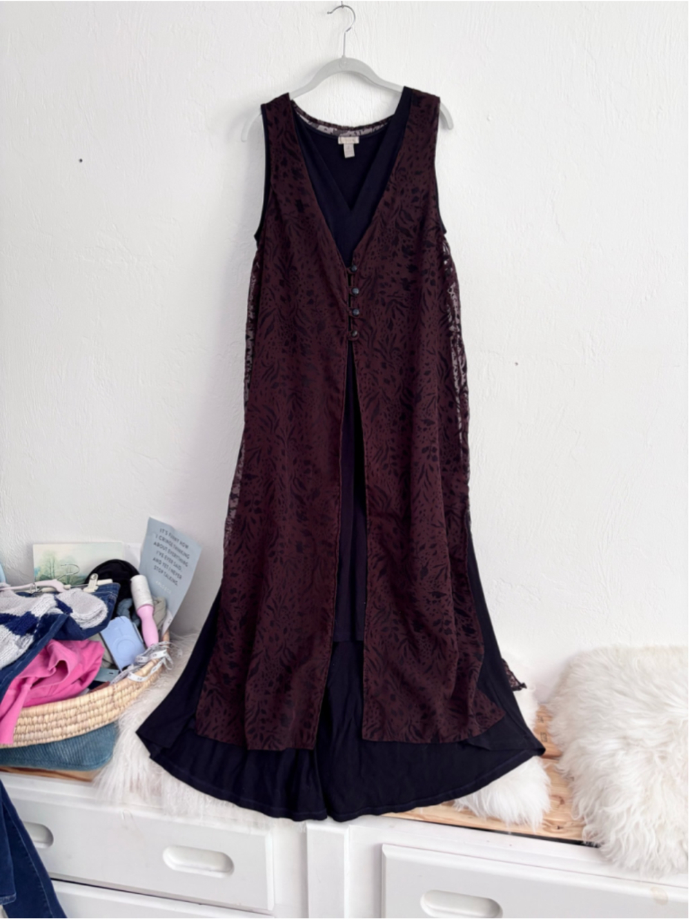 Women's Chico's Maxi Dress Size 2 / L Black Brown Overlay Layered Sleeveless